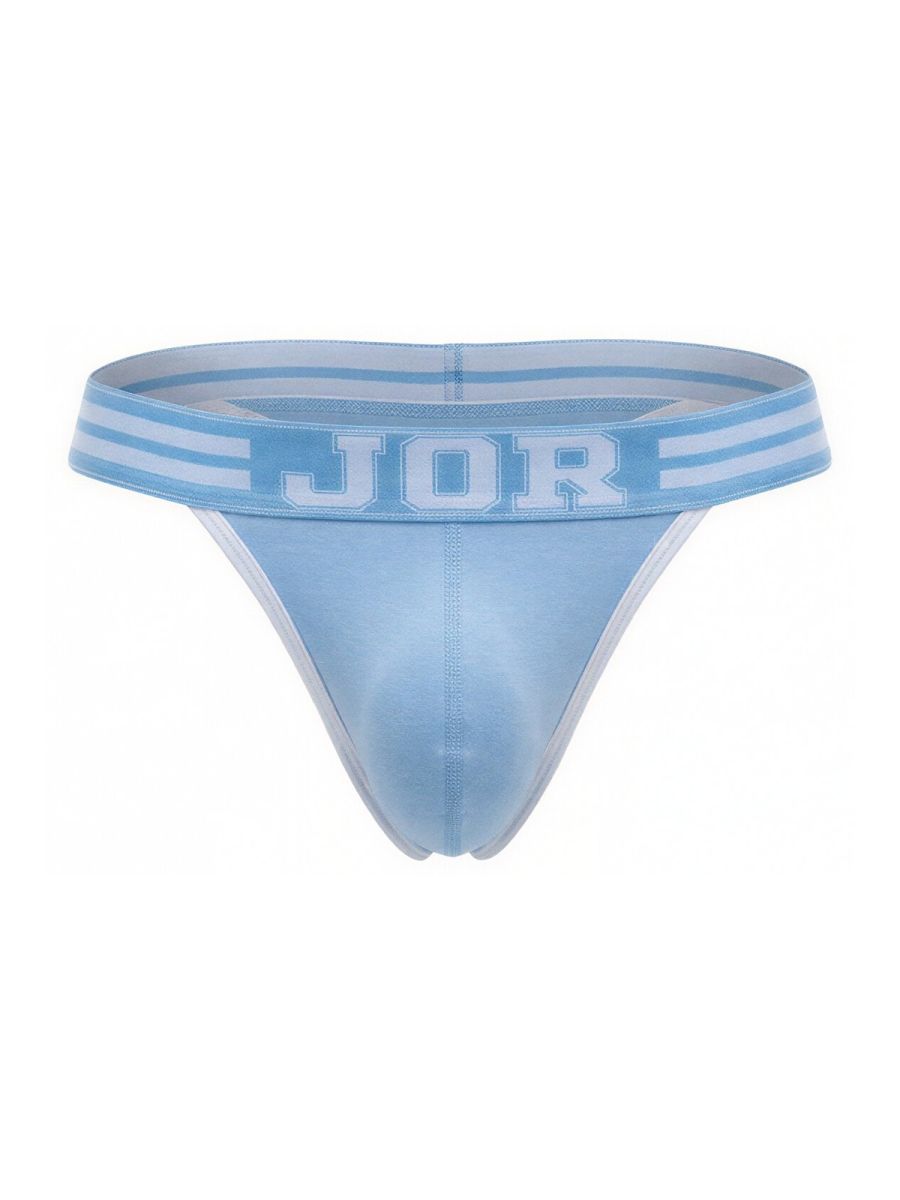 Light blue jor 2323 college thong with a matching waistband featuring white lettering and horizontal stripes