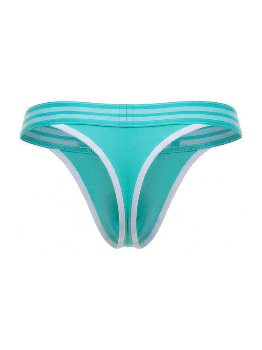 A turquoise jor 2323 college thong with white trim and striped waistband in mint color visible from the front