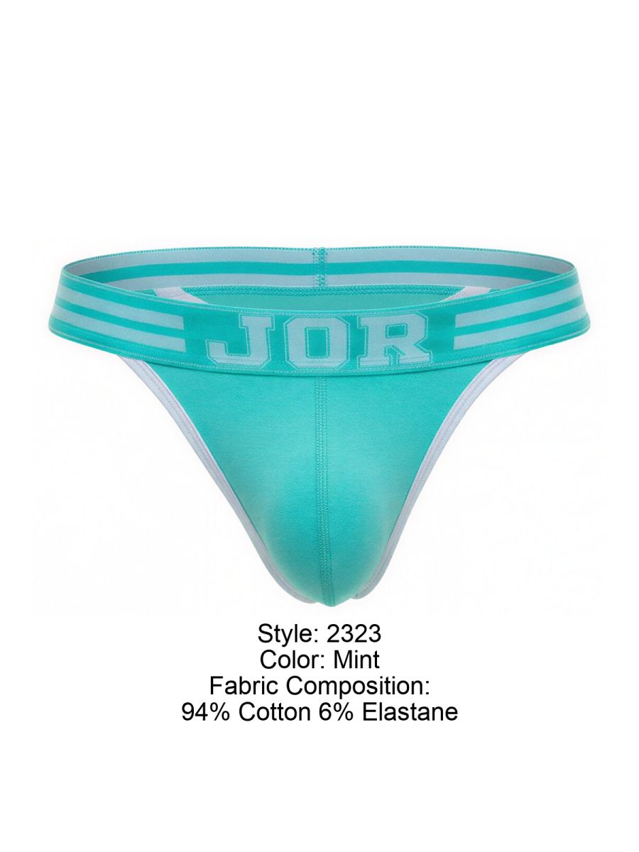 Mint-colored jor 2323 college thong with white-trimmed waistband featuring bold jor logo on front side