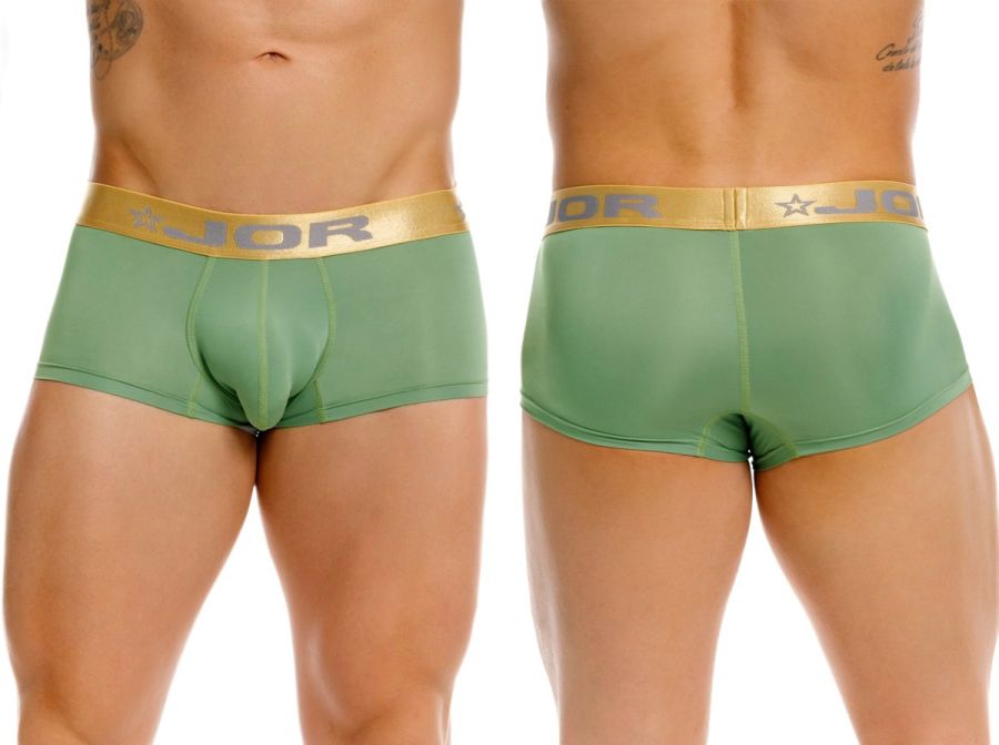 Green jor 2326 soho trunks briefs with gold waistband featuring jor logo and star emblem in green color