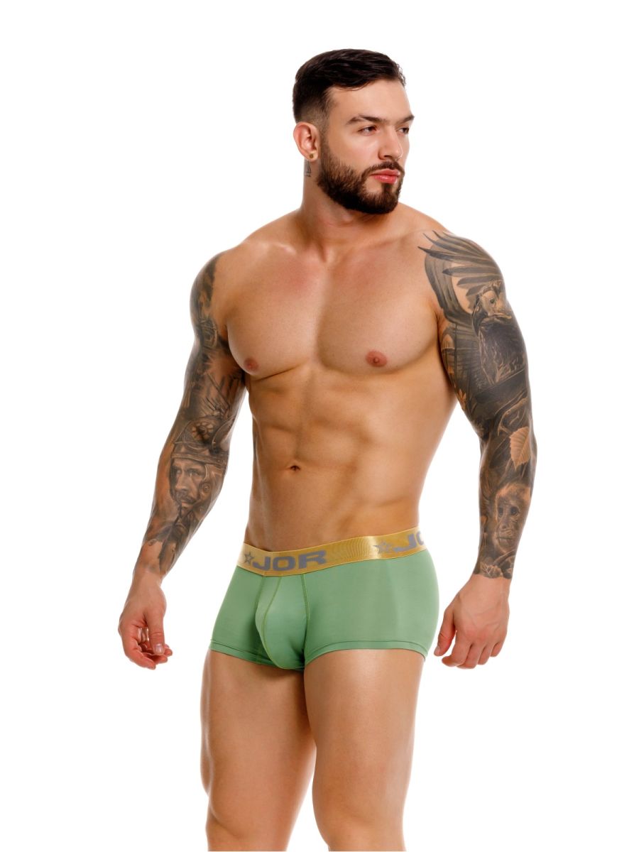 Green jor 2326 Soho trunks boxer briefs with gold waistband featuring jor logo in black lettering