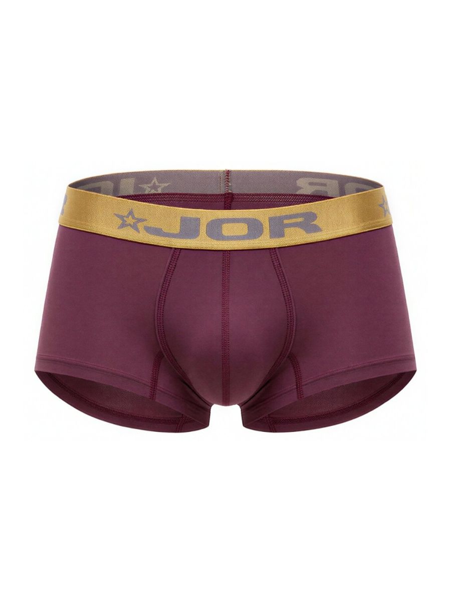 Maroon jor 2326 soho trunks boxer briefs with gold waistband featuring brand name and star logo