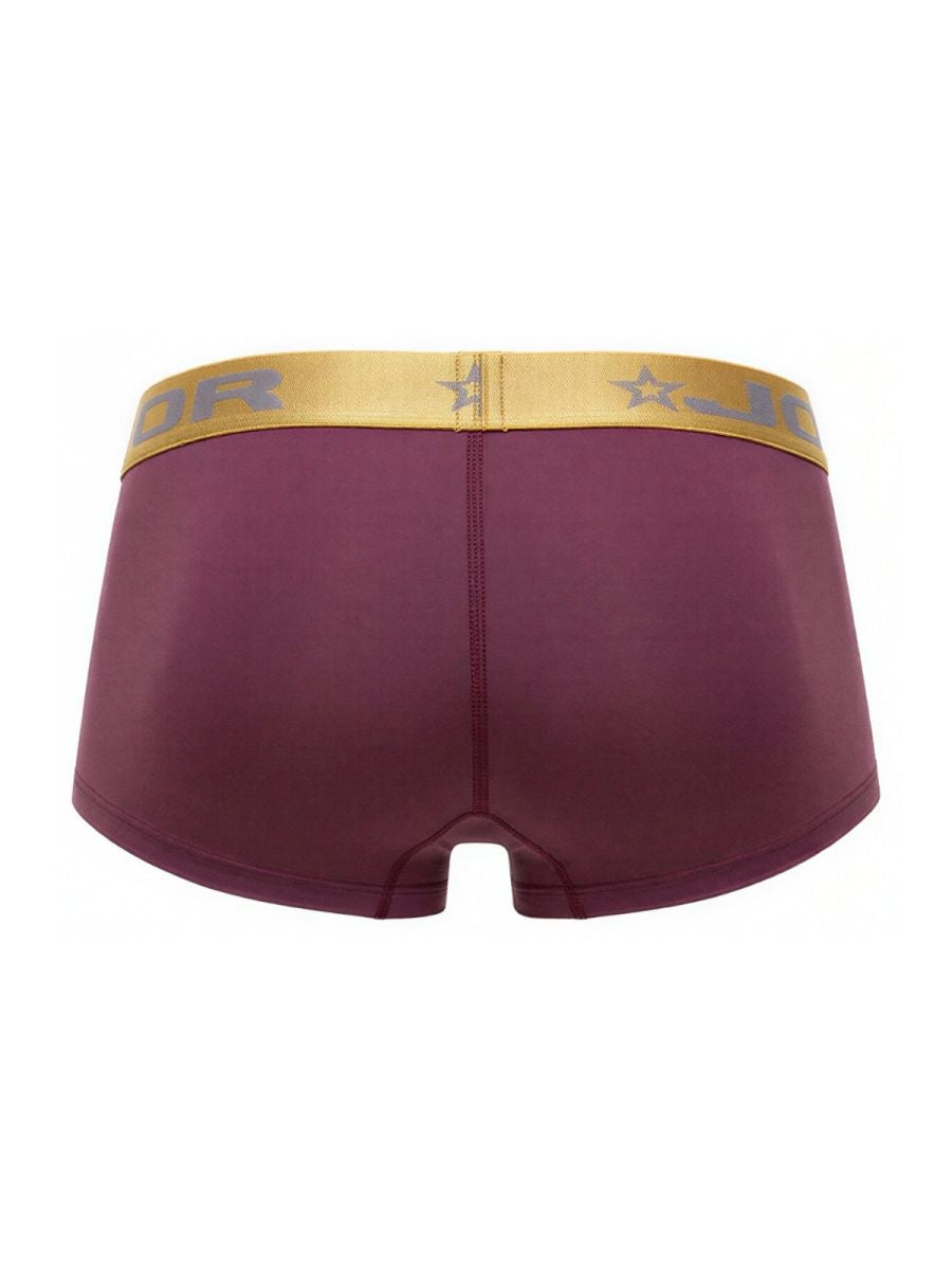 Maroon JOR 2326 Soho trunks with gold waistband featuring jor logo and star motifs in a comfortable boxer brief style