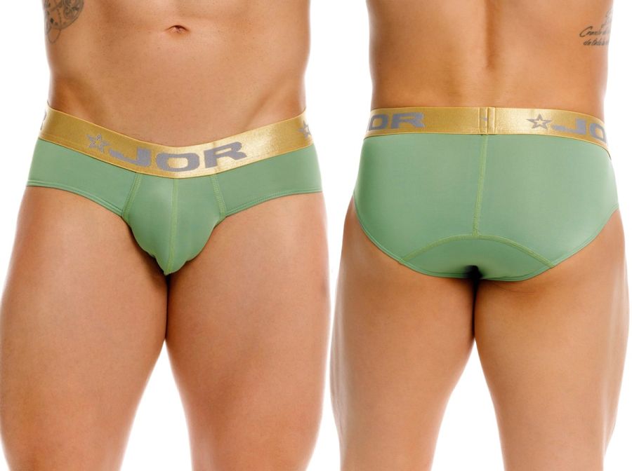 Mint green jor 2327 Soho briefs with gold elastic waistband featuring jor logo and star emblem