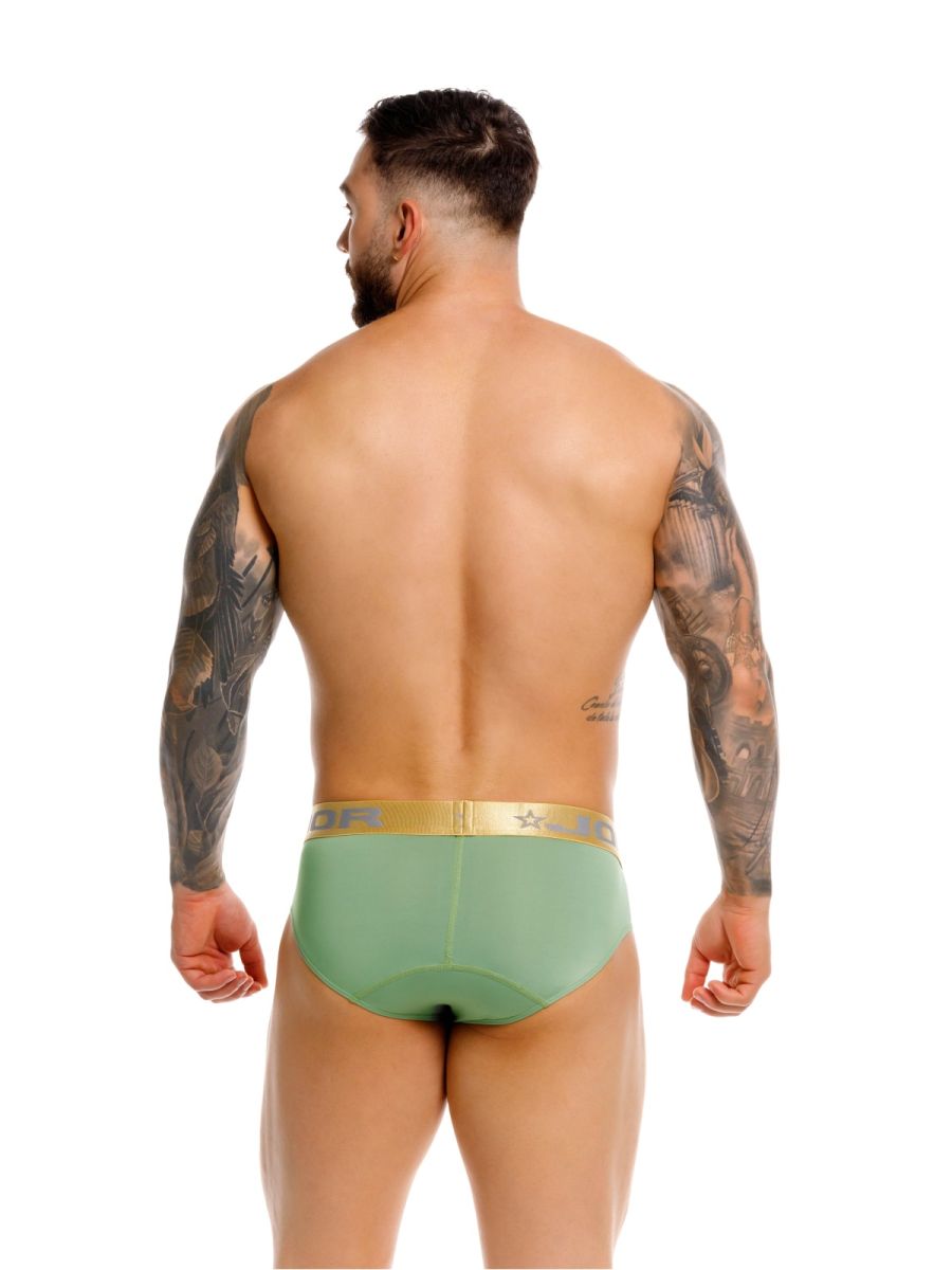 Green jor 2327 soho briefs with gold elastic waistband featuring brand logo in athletic stretch fabric