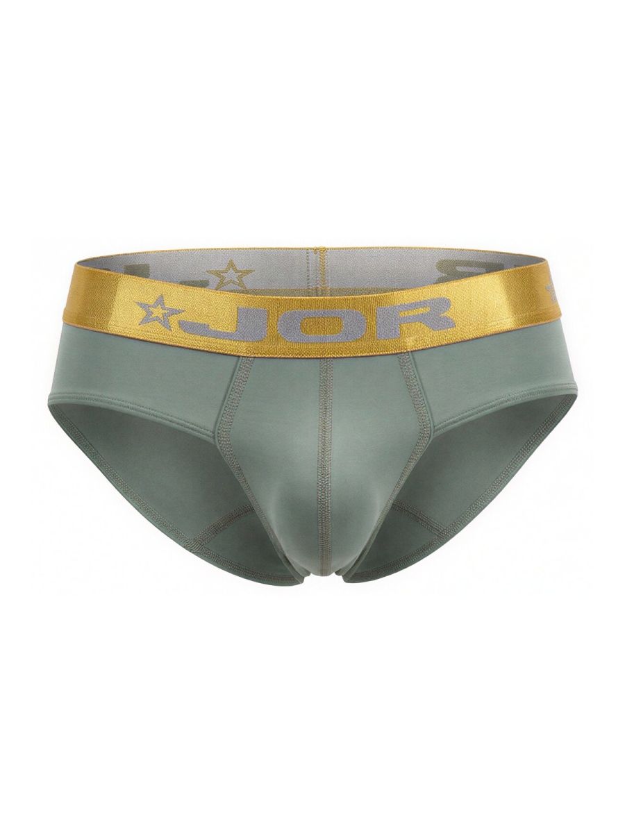 A sleek olive green jor 2327 soho brief with a shiny gold waistband featuring the brand name and star motifs