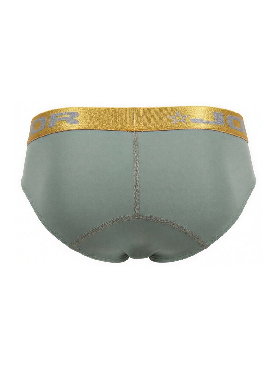 A sleek olive green jor 2327 soho brief for men with a gold elastic waistband and silver jq logo