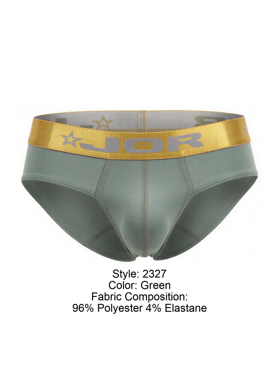 Green JOR 2327 Soho men’s briefs with a gold waistband featuring the brand logo and star motifs