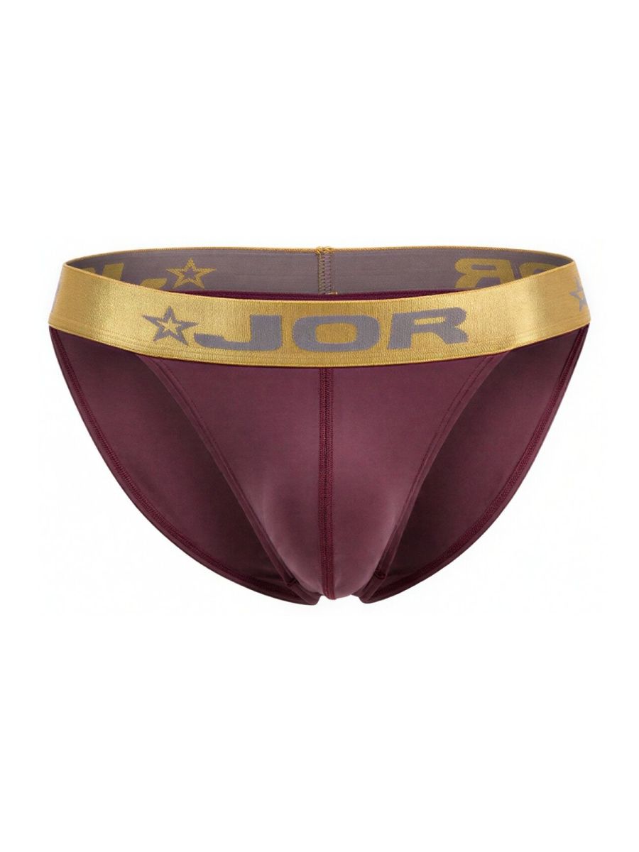 Maroon JOR 2328 Soho Bikini briefs with a gold waistband featuring logo and star motifs in wine color