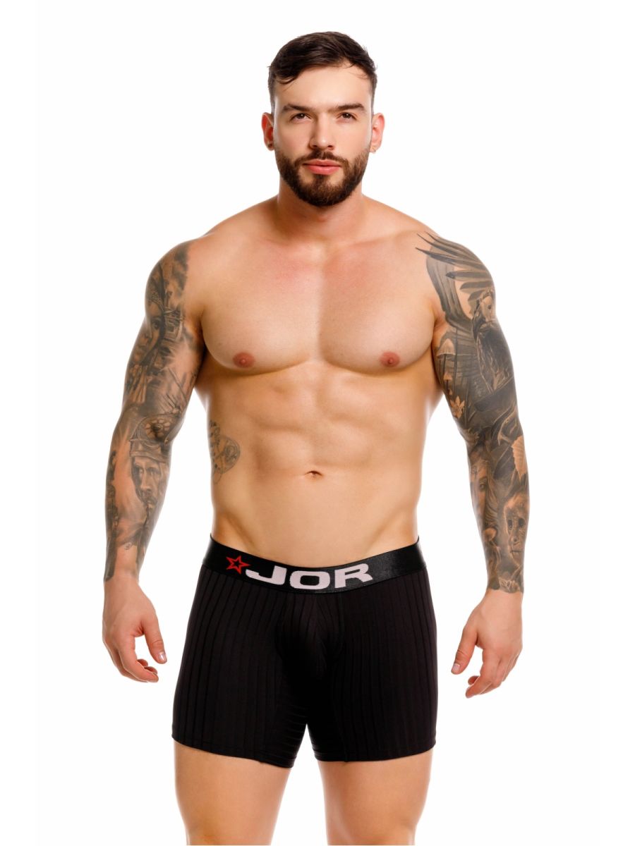 Black jor 2329 cronos boxer briefs with ribbed texture and contrasting elastic waistband with jor logo in white