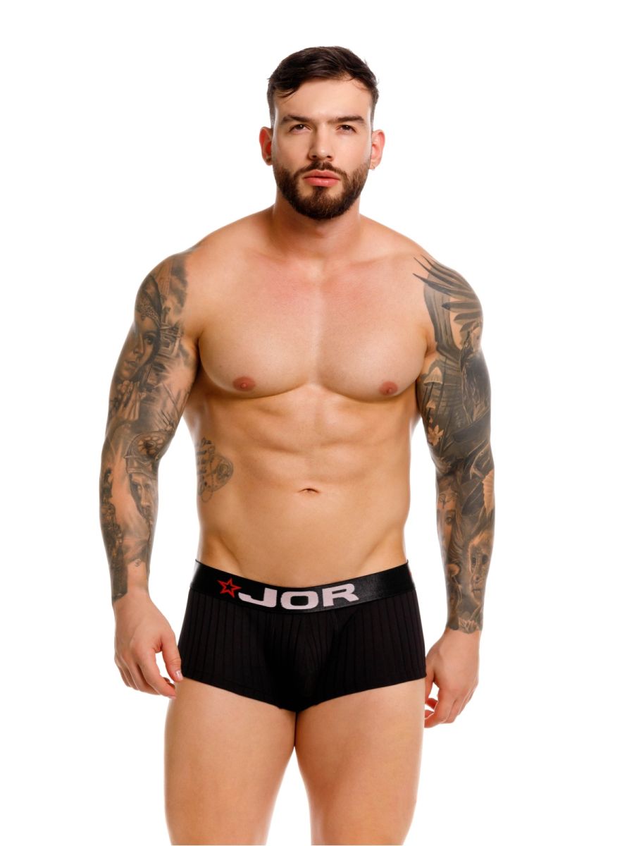 Black jor 2330 cronos trunks briefs with ribbed texture and white logo waistband in black color