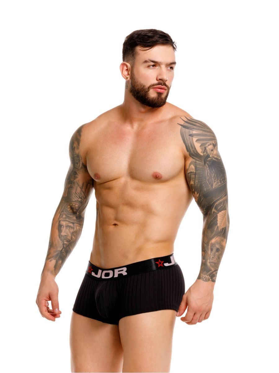 Black ribbed jor 2330 cronos trunks boxer briefs with white logo and red star emblem on waistband in black color
