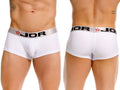 White jor 2330 cronos trunks briefs with ribbed texture and silver waistband featuring black lettering and red stars
