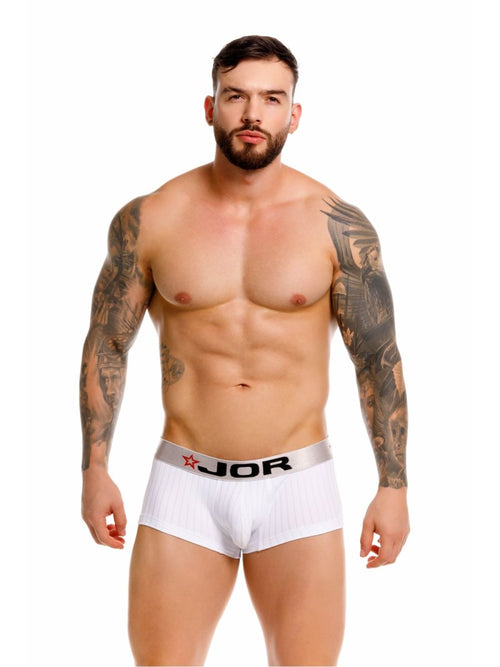 White jor 2330 cronos trunks briefs with a silver waistband featuring black lettering and a red star logo
