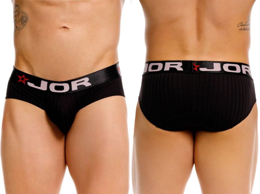 Black jor 2331 cronos briefs with ribbed waistband featuring white lettering and red star logos in black color