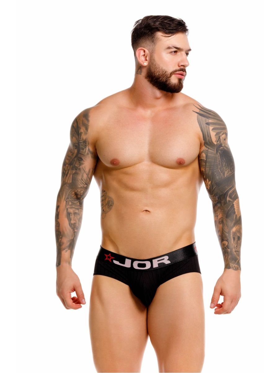Black jor 2331 cronos briefs with white logo and red star detail on the waistband in a comfortable fabric