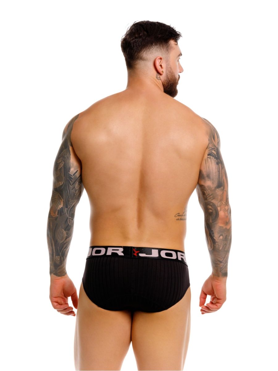 Black ribbed cotton jor 2331 cronos briefs with white elastic waistband featuring jor logo and red star emblem