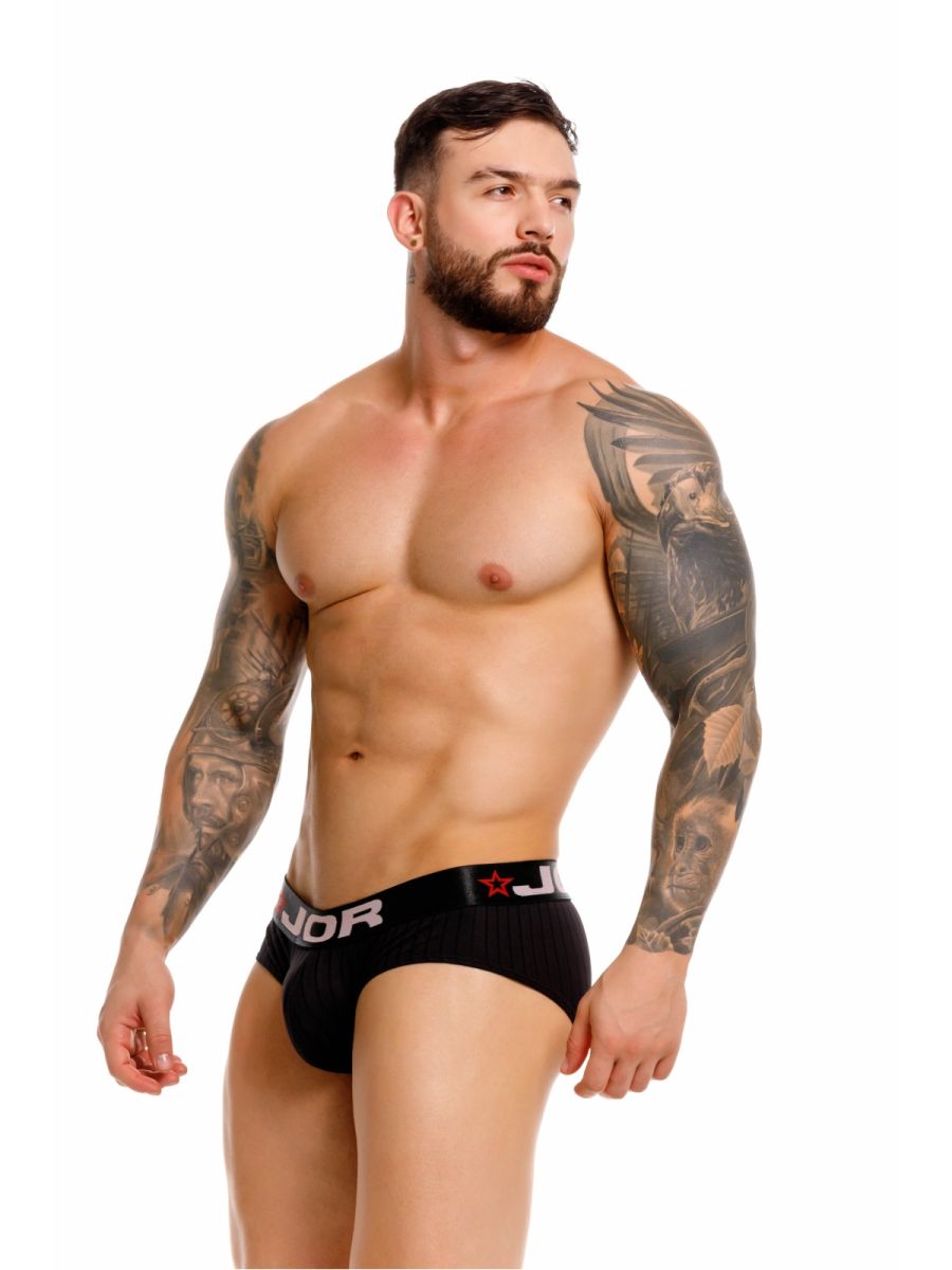 Black jor 2331 cronos briefs with red star and white lettering on waistband in black fabric