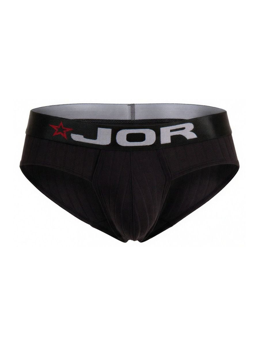 Black jor 2331 cronos men’s briefs featuring a red star and white logo on the waistband in black color