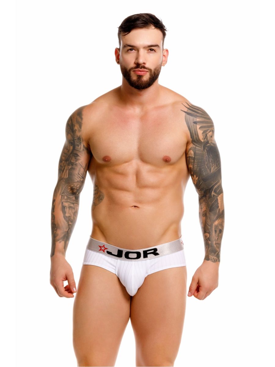 White jor 2331 cronos briefs with silver waistband black lettering and red star logo front view