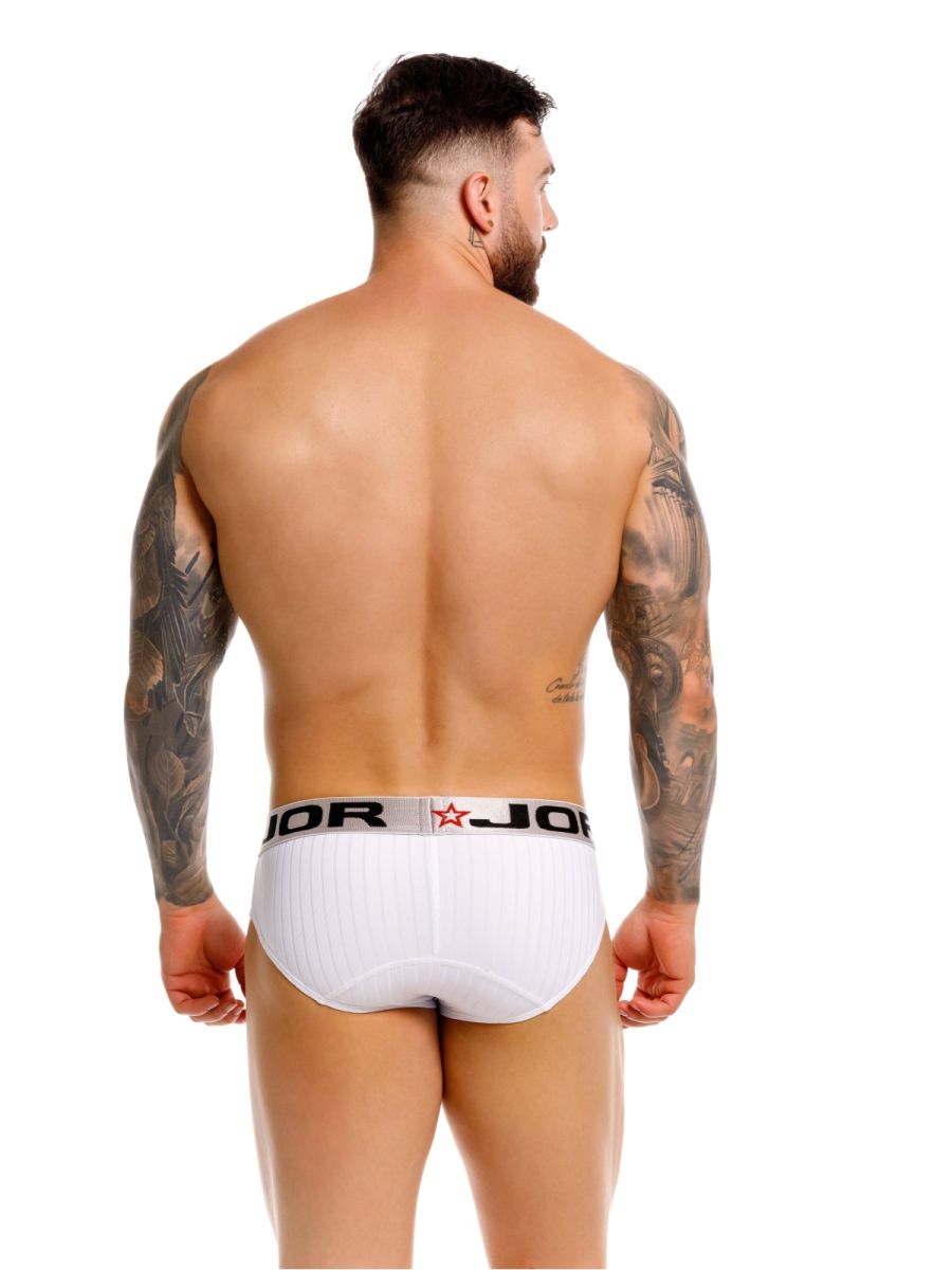 White jor 2331 cronos briefs with black elastic waistband featuring jor logo and red star emblem in cotton blend