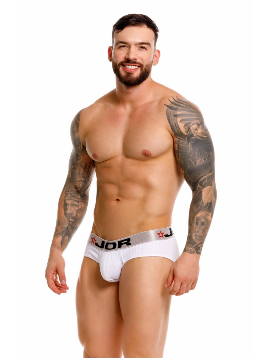 White jor 2331 cronos briefs with silver waistband featuring black lettering and red star logos front view