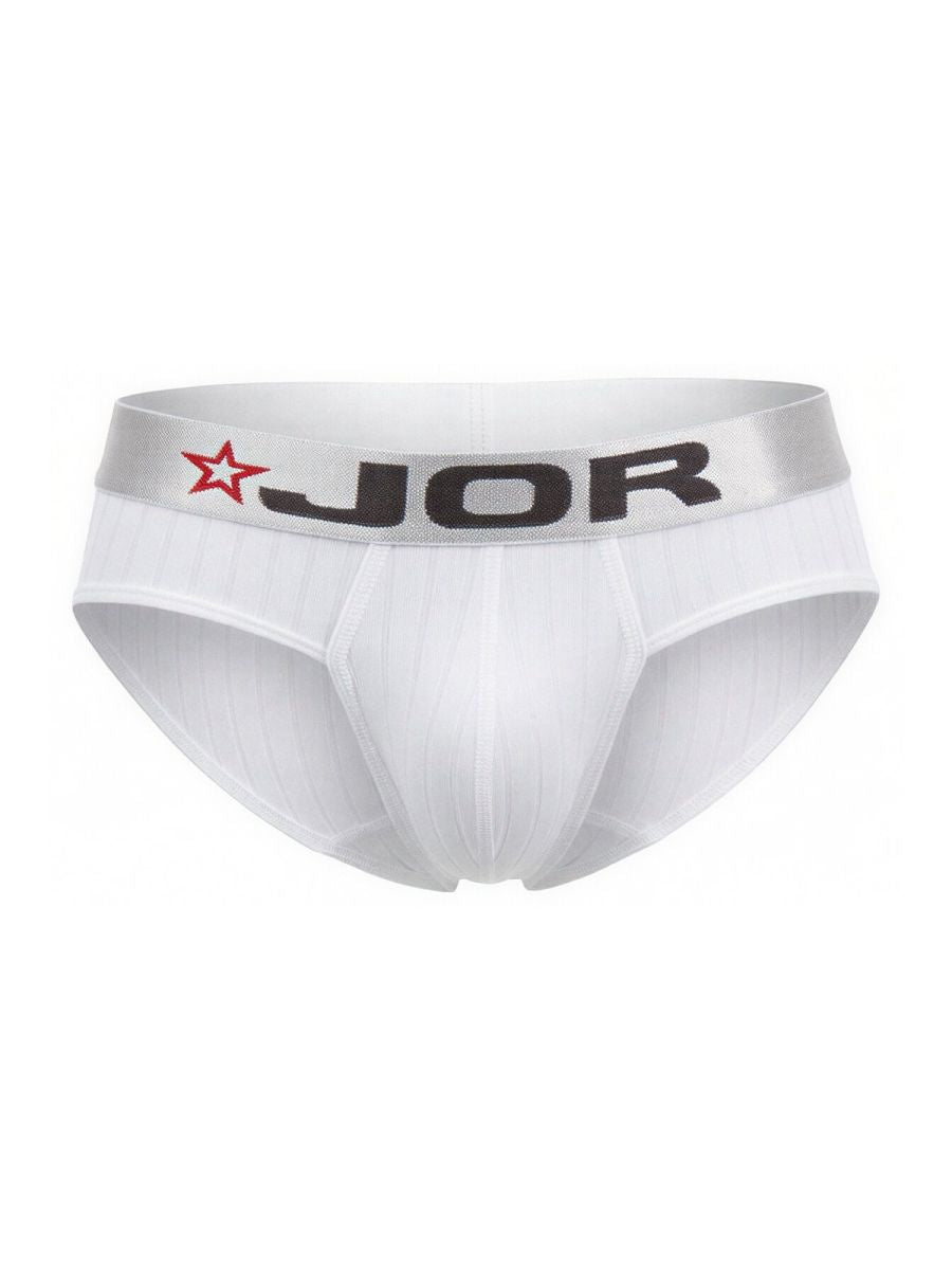 White jor 2331 cronos men’s briefs with silver waistband featuring brand name and red star logo