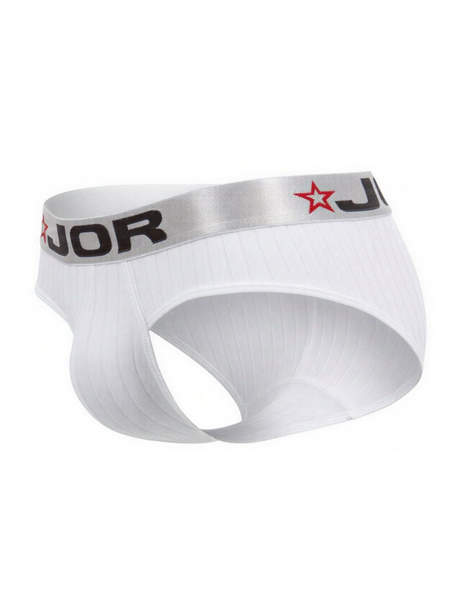 White JOR 2331 Cronos briefs with silver waistband featuring black lettering and red star logo in white fabric