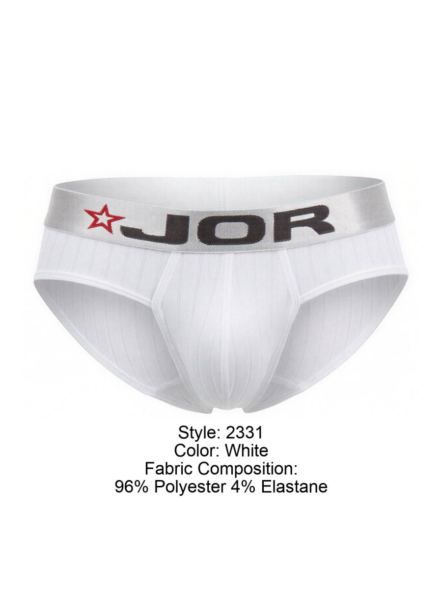 White jor 2331 cronos briefs with gray waistband featuring black jor logo and red star emblem front view