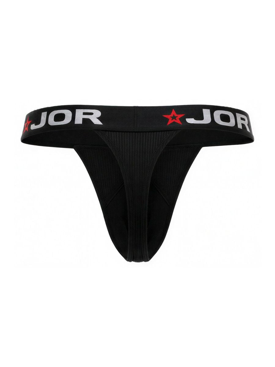 Black jor 2333 cronos thong featuring white lettering and red star logos on the waistband in front view