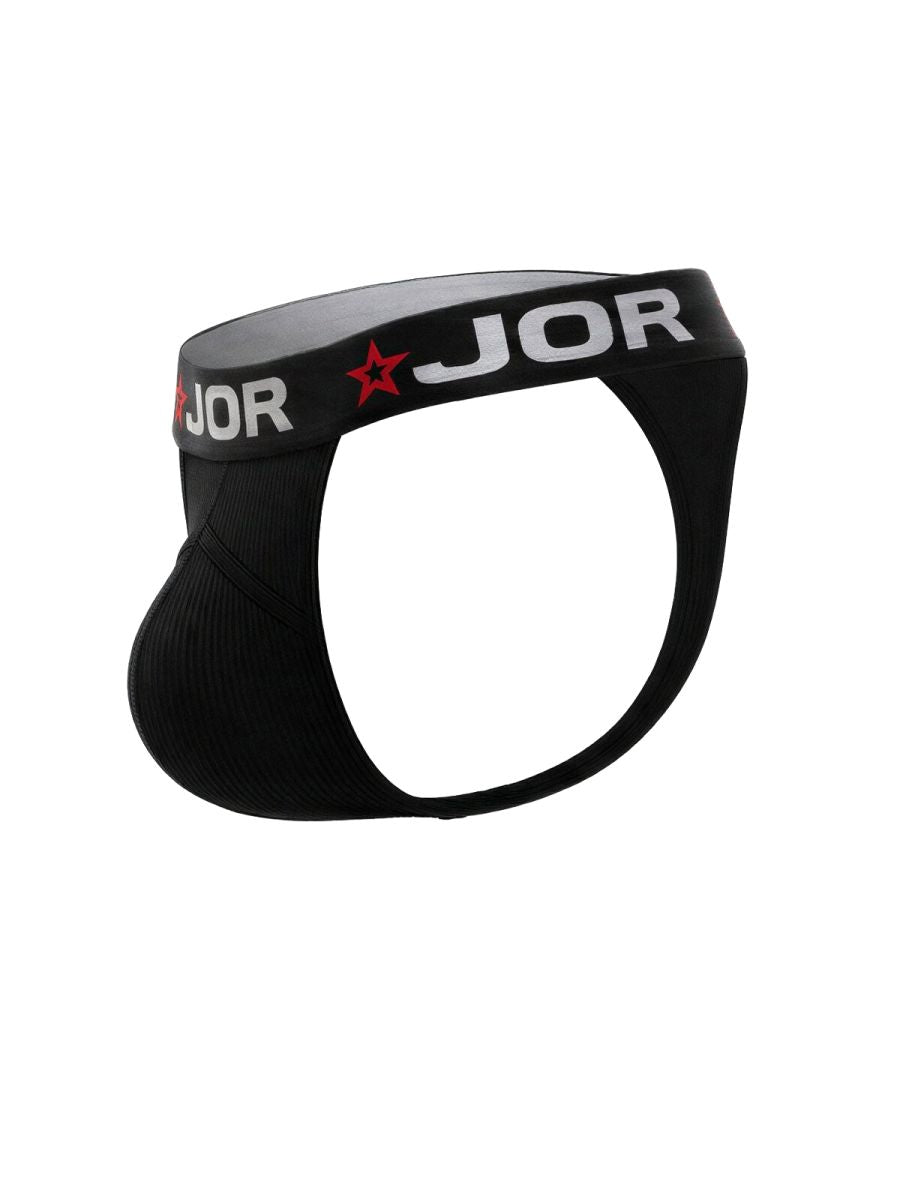 Black jor 2333 cronos thong briefs with ribbed texture and white lettering accented by red stars on waistband