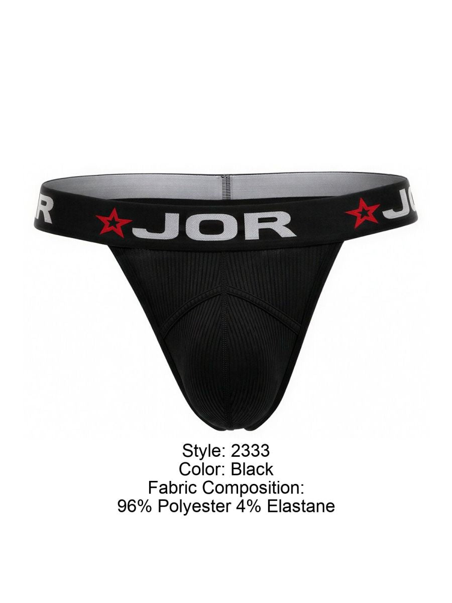 Black jor 2333 cronos thong with textured fabric and red star logo on waistband showing front side