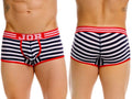 Navy and white striped jor 2334 santorini trunks with red trim and jor logo waistband in boxer brief style