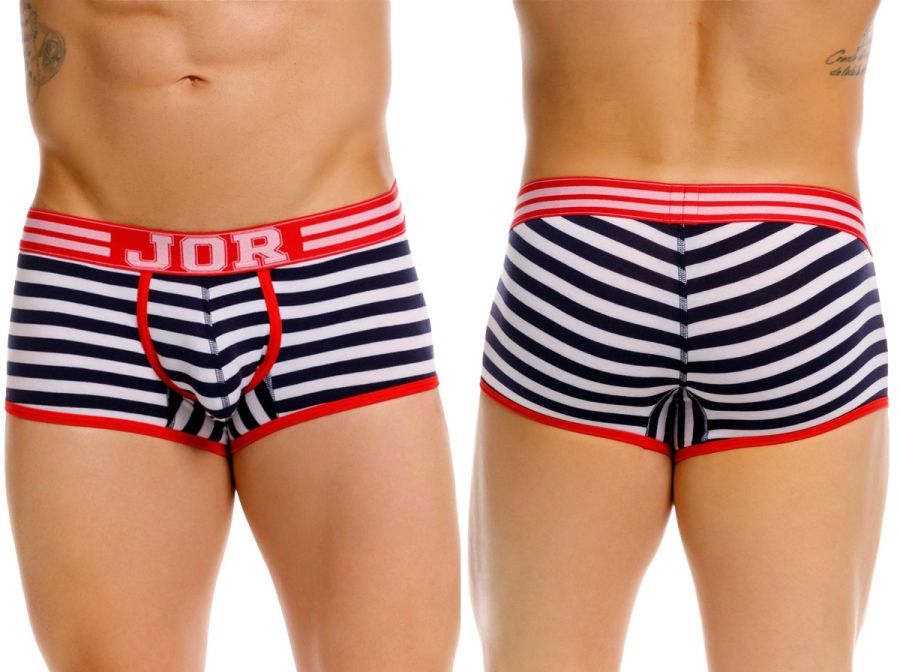 Navy and white striped jor 2334 santorini trunks with red trim and jor logo waistband in boxer brief style