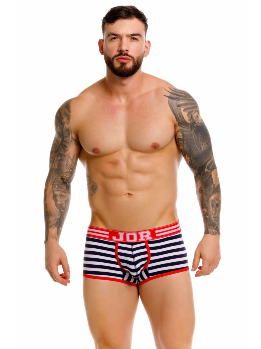 JOR 2334 Santorini striped navy and white briefs with red trim and jor logo on waistband for stylish comfort