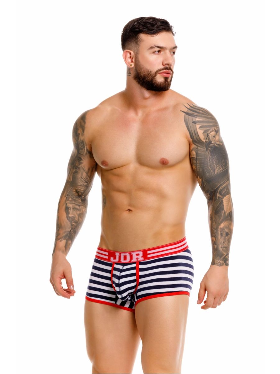 Navy and white striped cotton boxer briefs with red trim and jor logo on waistband jor 2334 santorini trunks color stripes