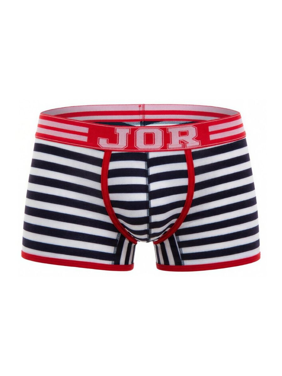 Striped men’s boxer briefs in navy and white with red trim and bold jor logo on the waistband from JOR 2334 Santorini trunks