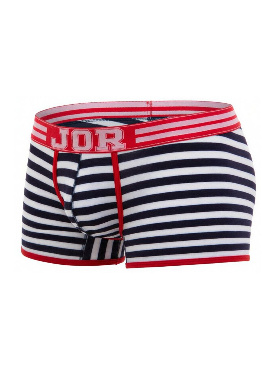 Jor 2334 santorini trunks striped men’s boxer briefs in navy and white with red trim and bold jor logo waistband