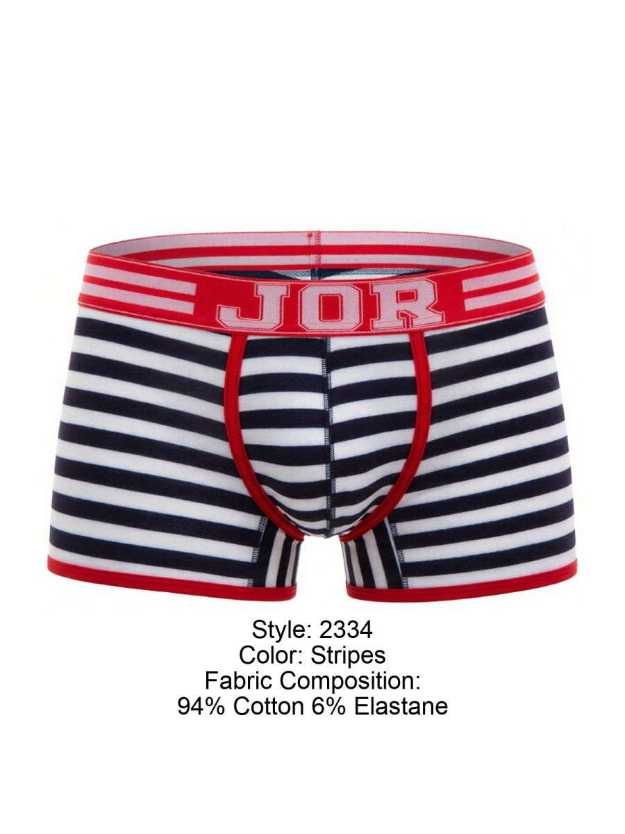 Striped men’s boxer briefs in navy and white with red trim and bold jor logo on waistband jor 2334 santorini trunks color stripes