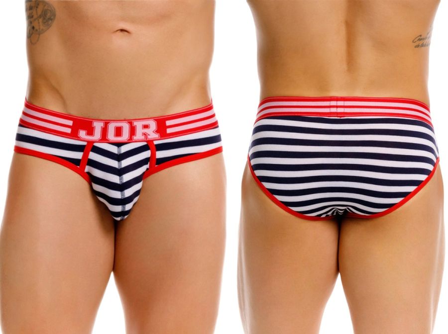 Navy and white striped jor 2335 santorini briefs with red trim and branded waistband for comfortable wear