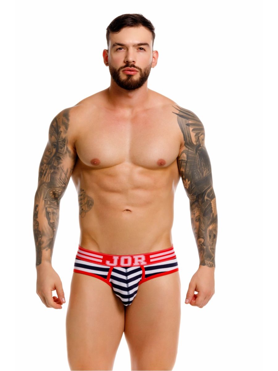 Navy and white striped jor 2335 santorini men’s briefs with red trim and branded waistband for comfortable wear
