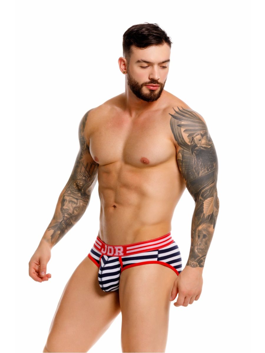 Jord 2335 santorini briefs striped navy and white with red trim and bold ddr logo on waistband