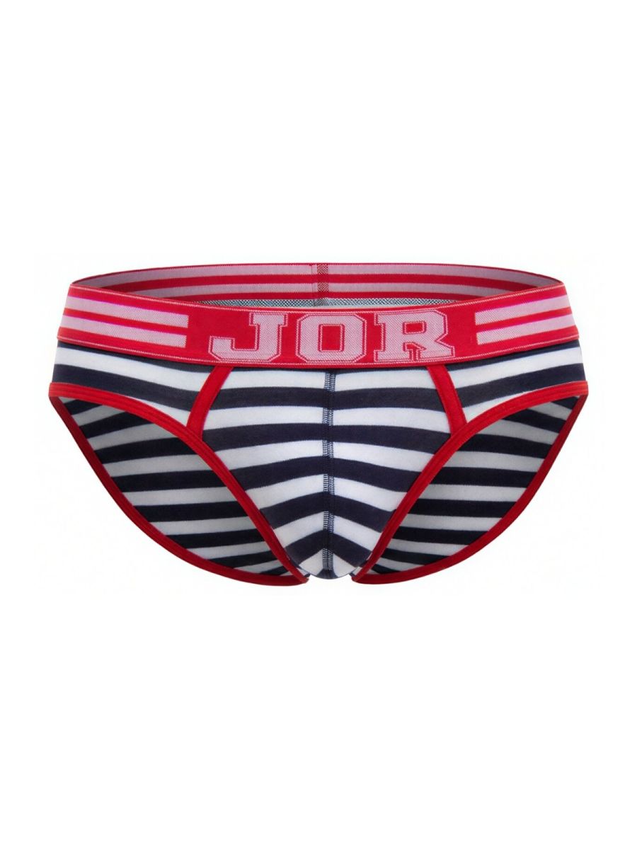 Men’s briefs jor 2335 santorini with red white black stripes and bold red waistband featuring jor logo