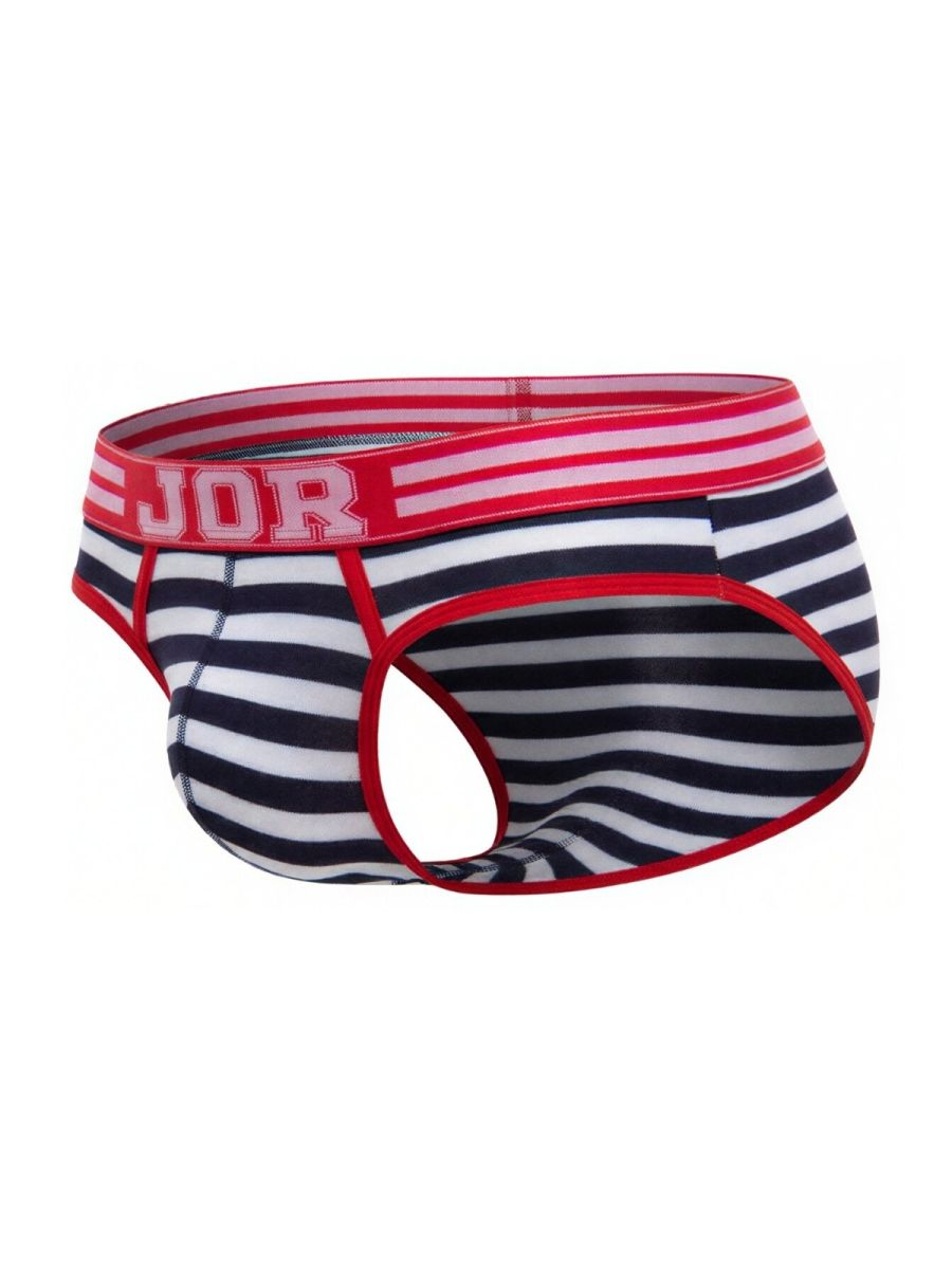 Black and white striped men’s briefs with red trim and jor logo waistband featuring santorini color stripes design