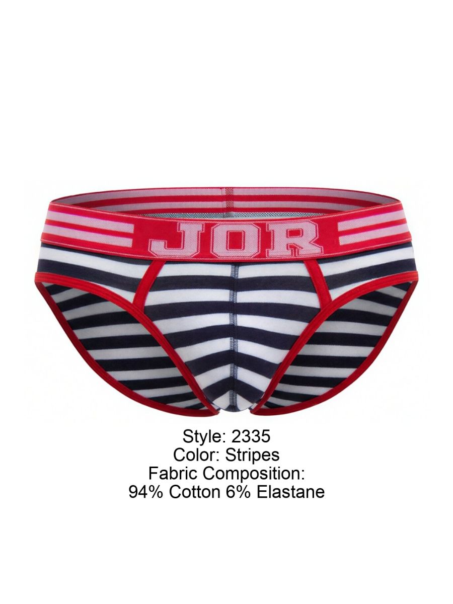 Jor 2335 santorini briefs with red white and black stripes and a red elastic waistband in front view