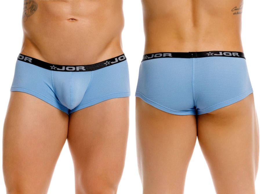 Light blue jor 2345 cannes trunks men’s briefs with black elastic waistband featuring logo and star emblem