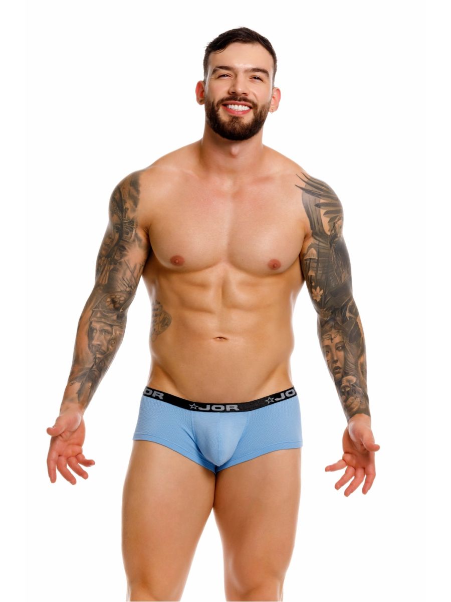 Light blue JOR 2345 Cannes trunks with black elastic waistband featuring brand logo men’s briefs