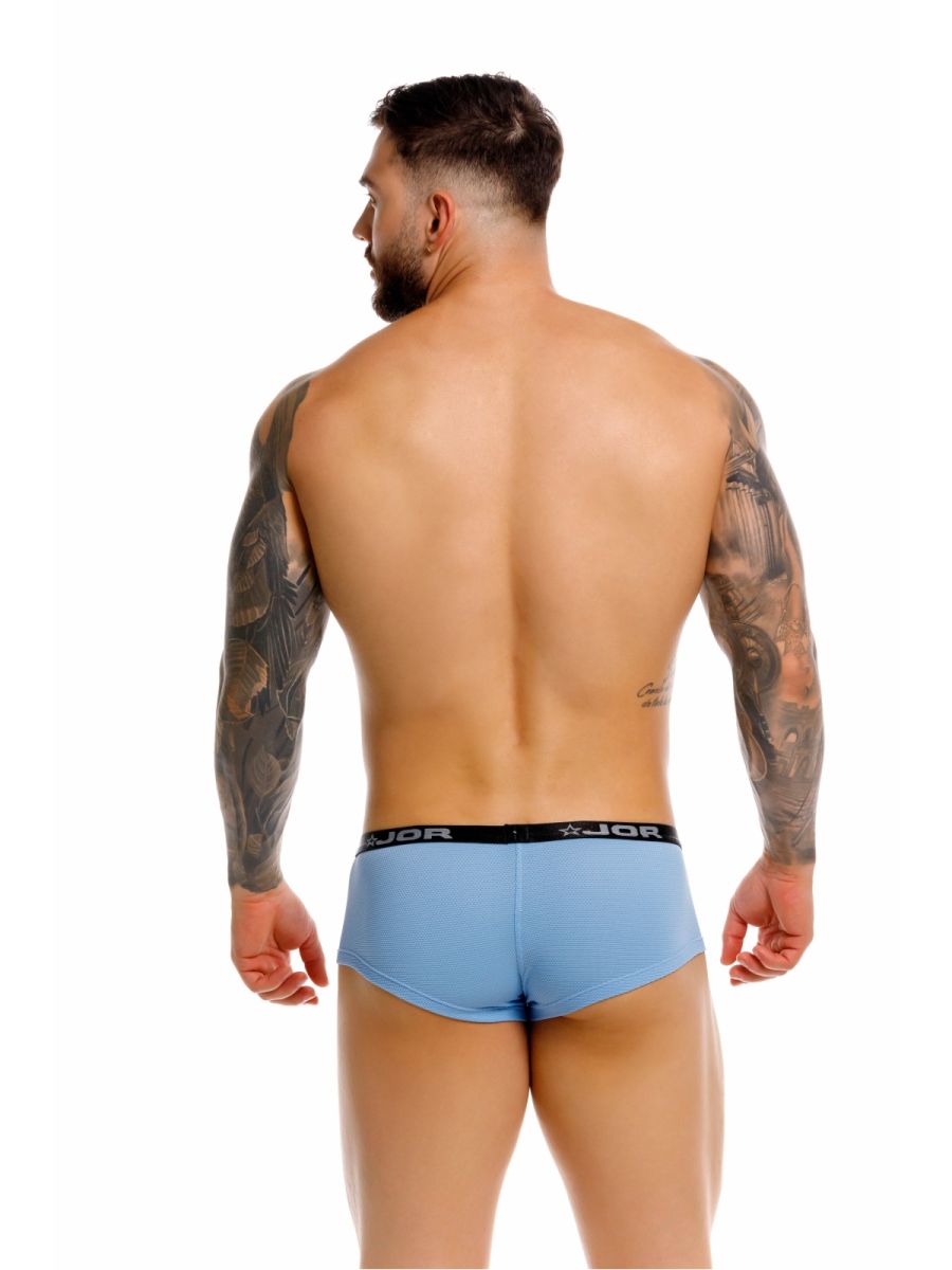 Light blue jor 2345 cannes trunks briefs with black elastic waistband featuring jor logo and star emblem