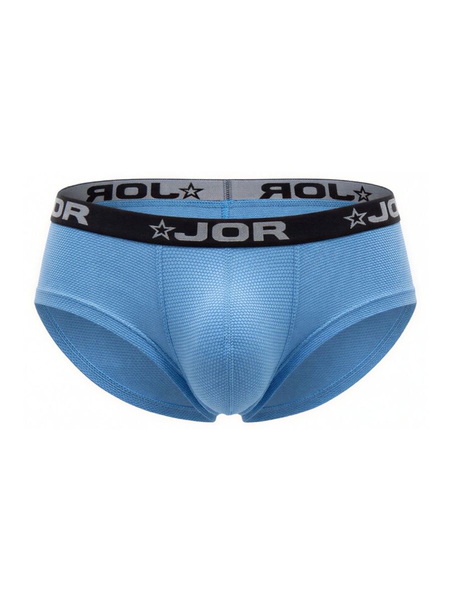 Light blue jor 2345 Cannes trunks with black waistband featuring brand name and star logo men’s briefs front view