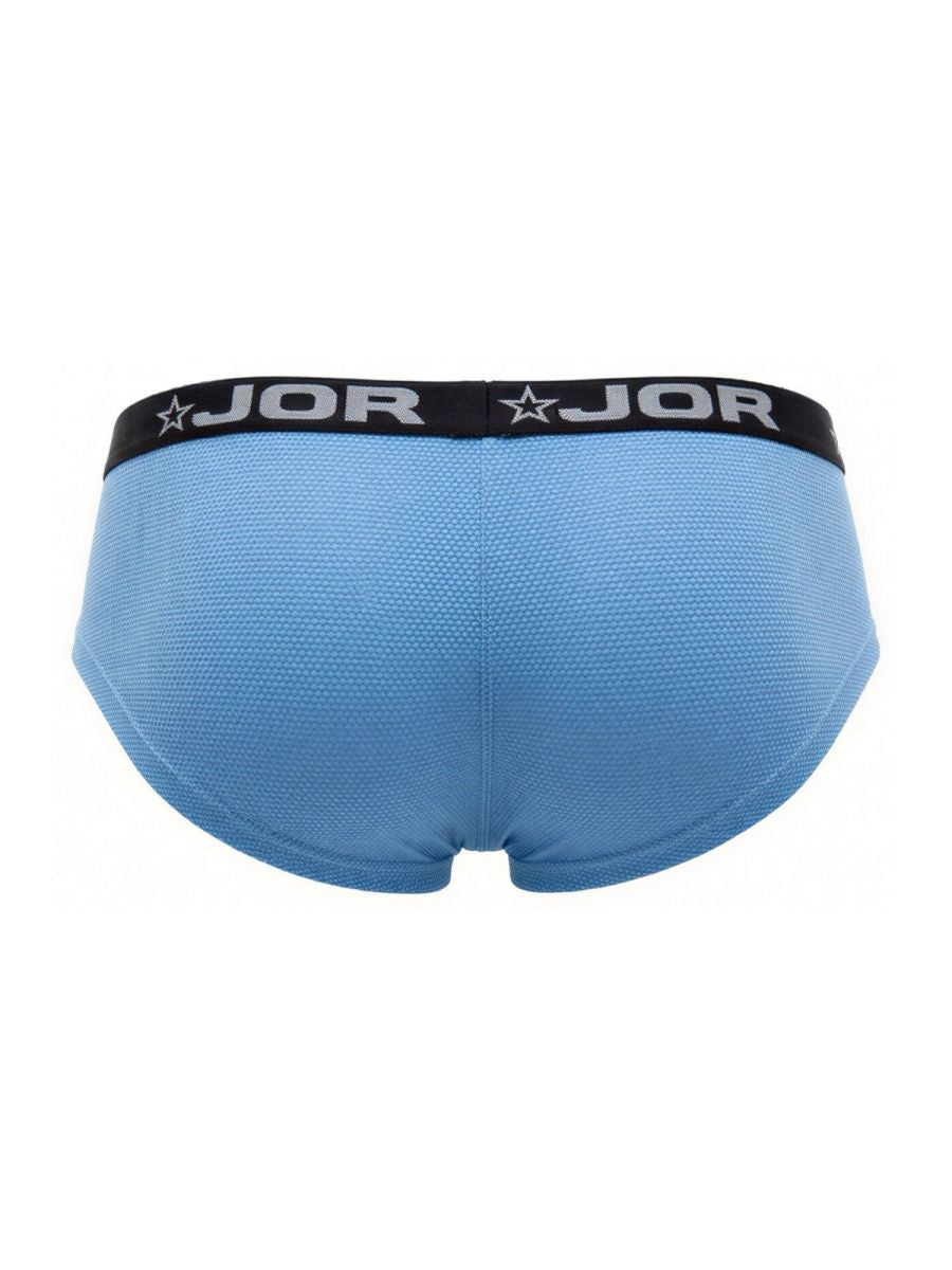Light blue jor 2345 cannes men’s briefs with black waistband featuring brand name and star logo